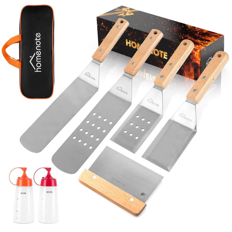 HOMENOTE Griddle Accessories Kit, 7Pc Professional BBQ Kit in Gift Box - Heavy Duty Wooden Handle Stainless Steel Griddle Tool Set Great for Grill Flat Top Cooking Camping, Wood Color - Image 1